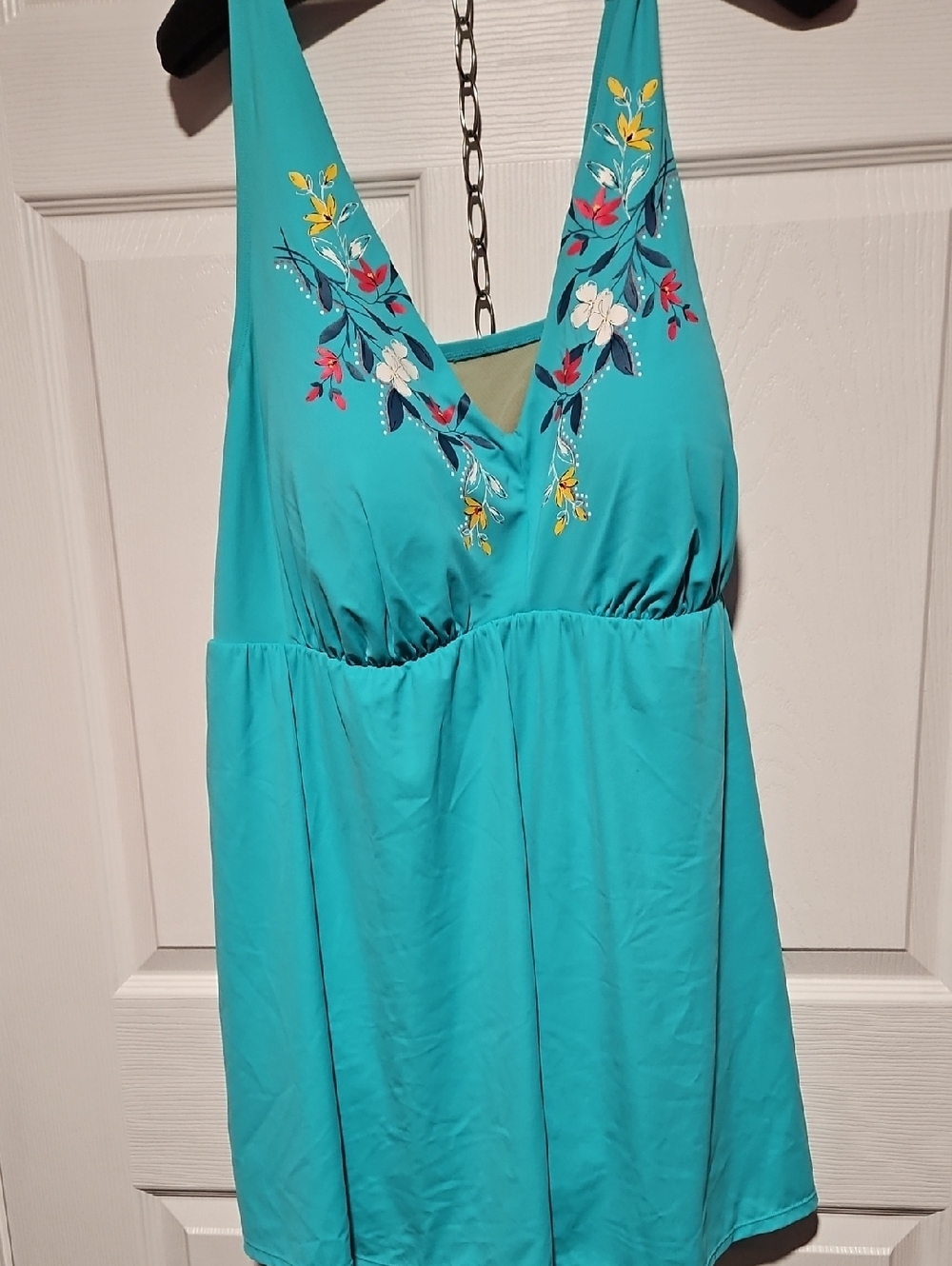 Catherines Turquoise Floral V-Neck One Piece Swim Dress with Navy & Pink Accents